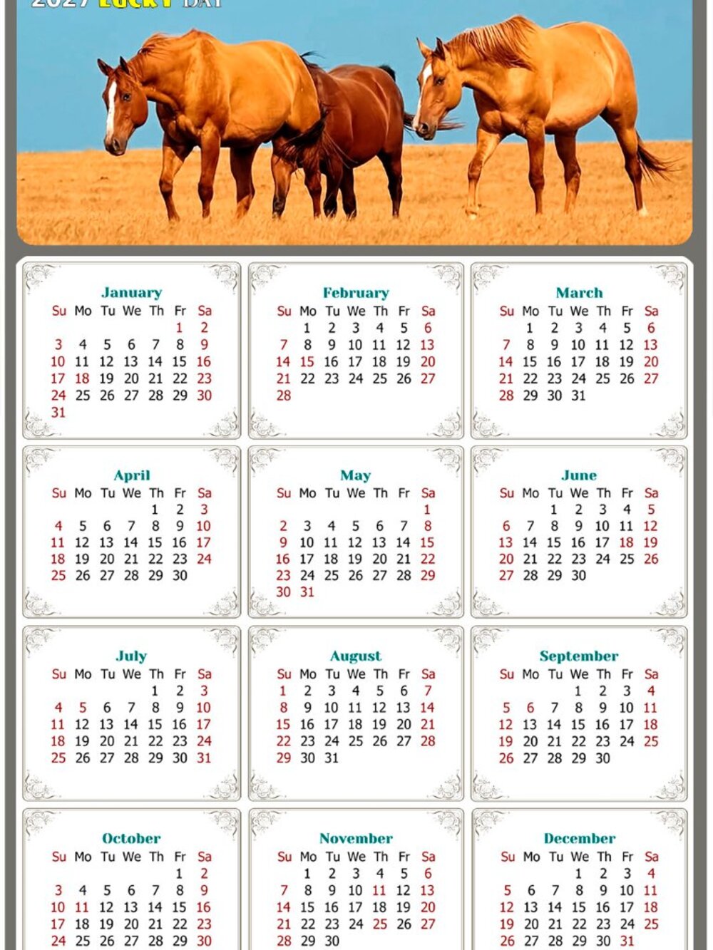 2027 Magnetic Calendar - Today is my Lucky Day - Horses Themed 017 (5.25 x 8)